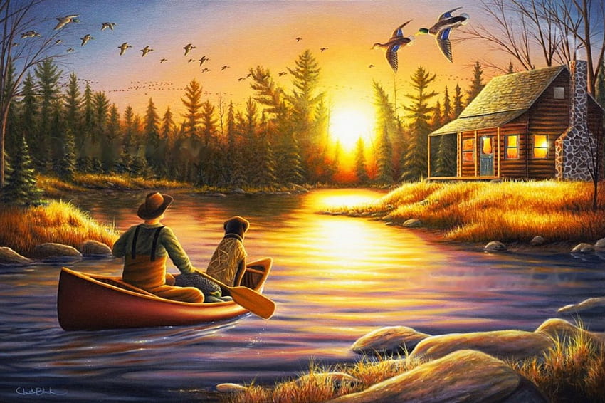 Rustic Cabin, artwork, river, boat, reflection, painting, people, sunset HD wallpaper