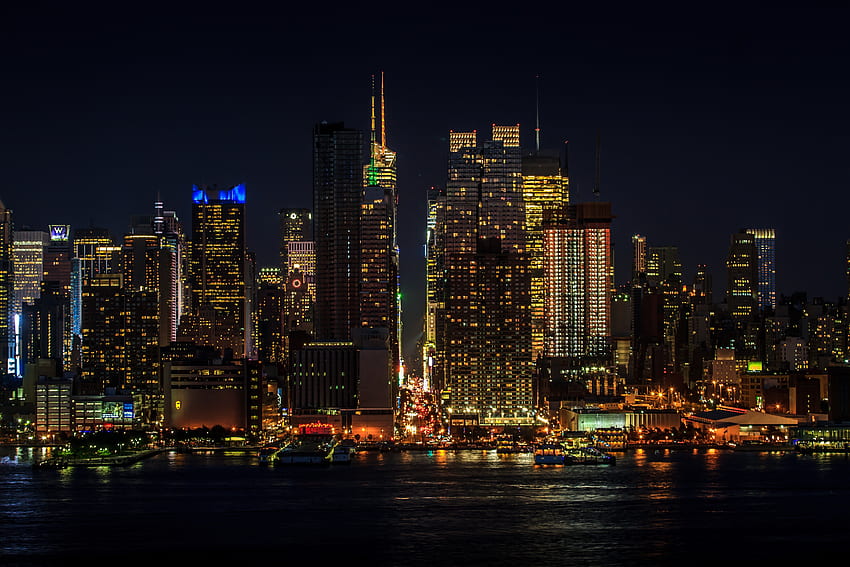 夜, ライト, 暗い, 超高層ビル, 都市景観, 都市の景観, ニューヨーク, マンハッタン 高画質の壁紙