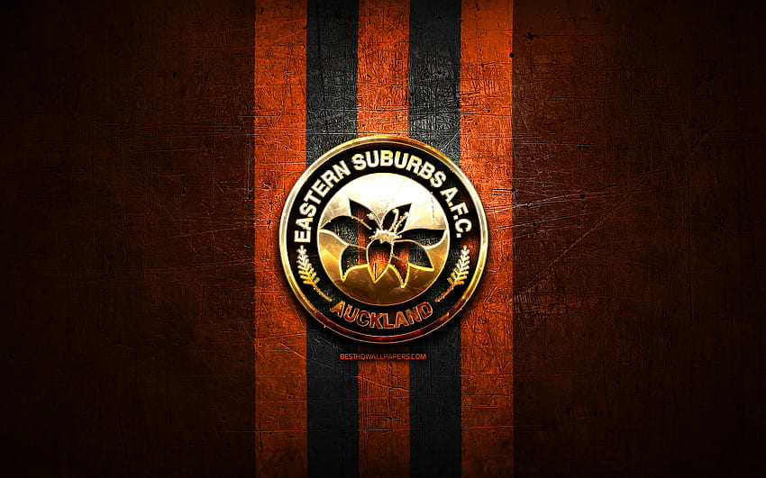 Eastern Suburbs FC, logotipo dorado, campeonato de fútbol de Nueva Zelanda, de metal naranja, club de fútbol de Nueva Zelanda, logotipo de Eastern Suburbs, fútbol, ​​Eastern Suburbs AFC fondo de pantalla