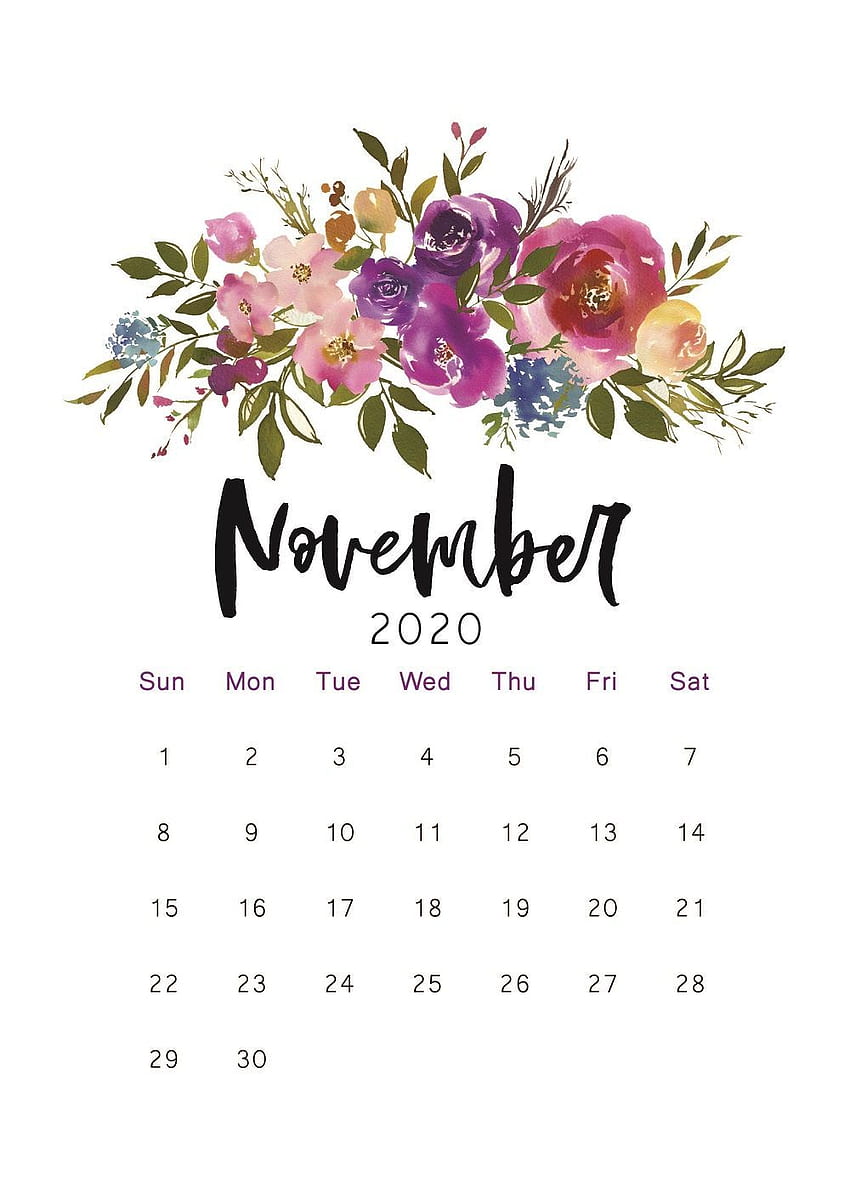Druckbarer Blumenkalender, Aquarellkalender, Briefgröße, A4-Größe, 12-Monatskalender, Monatskalender im Jahr 2020. Aquarellkalender, Druckkalender, Kalender, Kalender November 2020 HD-Handy-Hintergrundbild