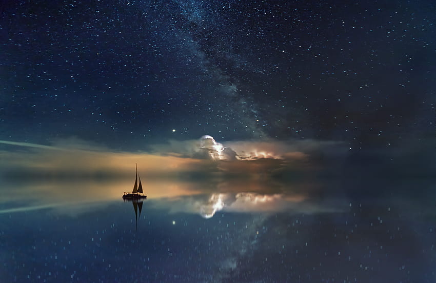 Natura, noc, odbicie, gwiaździste niebo, łódź, żagiel Tapeta HD