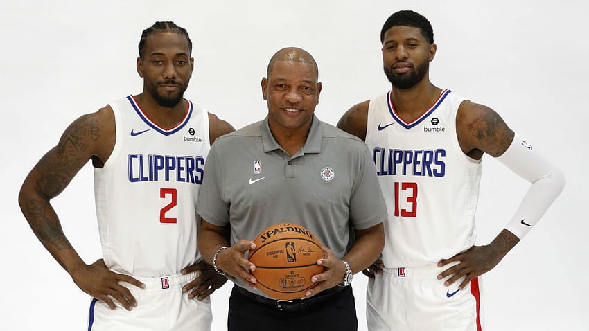 Kawhi Leonard, Doc Rivers (w środku), Paul George (po prawej) — Clippers Media Day 2019 Tapeta HD