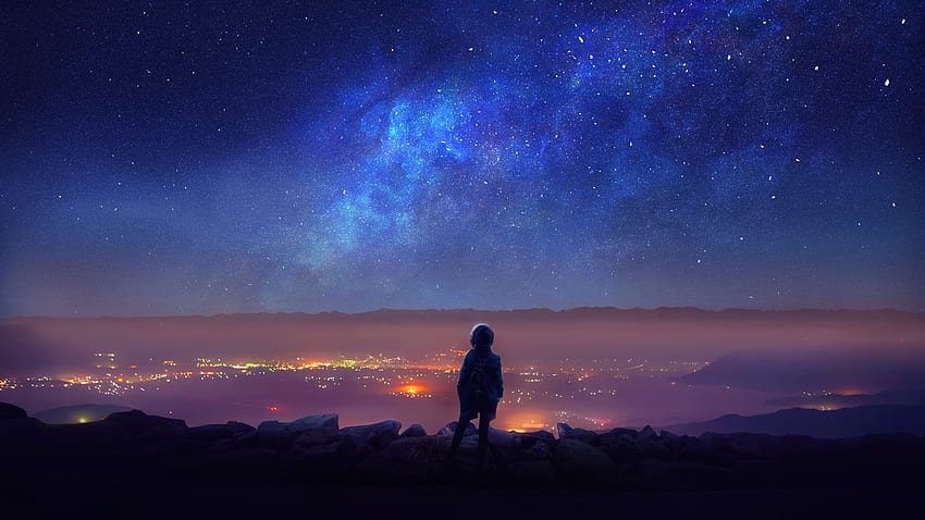 Star girl watching a beautiful night view, Watching The Universe HD wallpaper