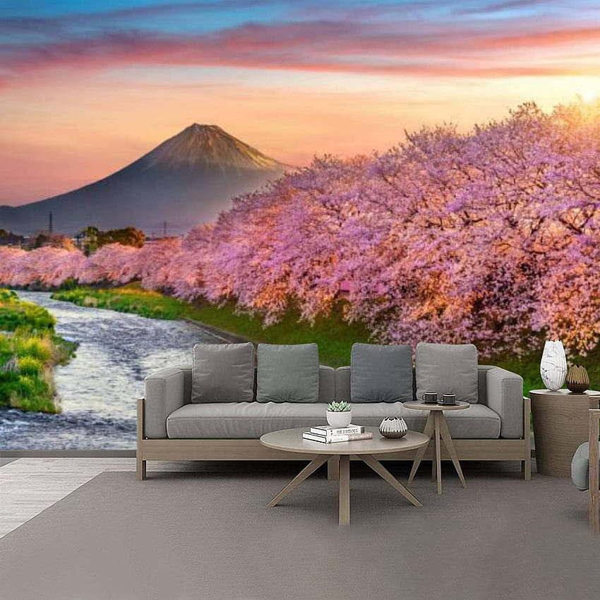 Self Adhesive Mural Removable Peel and Stick Wall Murals Covering Cherry Blossoms and Fuji Mountain in Spring at Sunrise Shizuoka in Decorative 3D Sticker for Bedroom Walls : Tools HD phone wallpaper