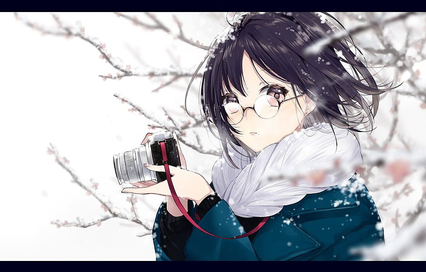 girl, snow, surprise, anime, art, glasses, the camera, Girl with Glasses Anime HD wallpaper