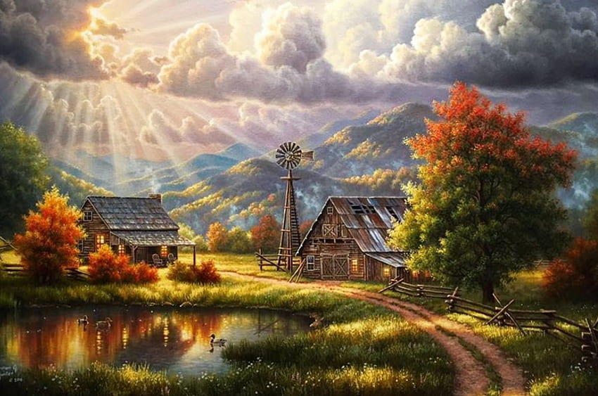 God Shed His Grace, path, landscape, artwork, painting, sunrays, cottages, trees, mountains, pond HD wallpaper