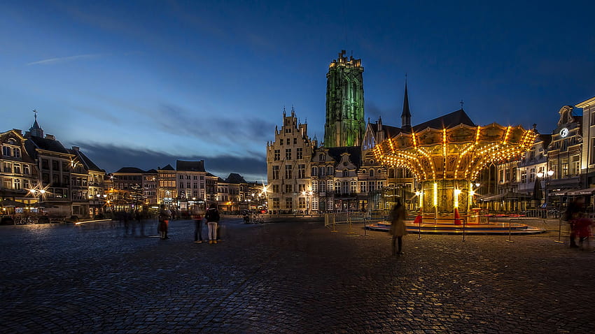 Belgium Mechelen Antwerp Street Night Fairy lights HD wallpaper