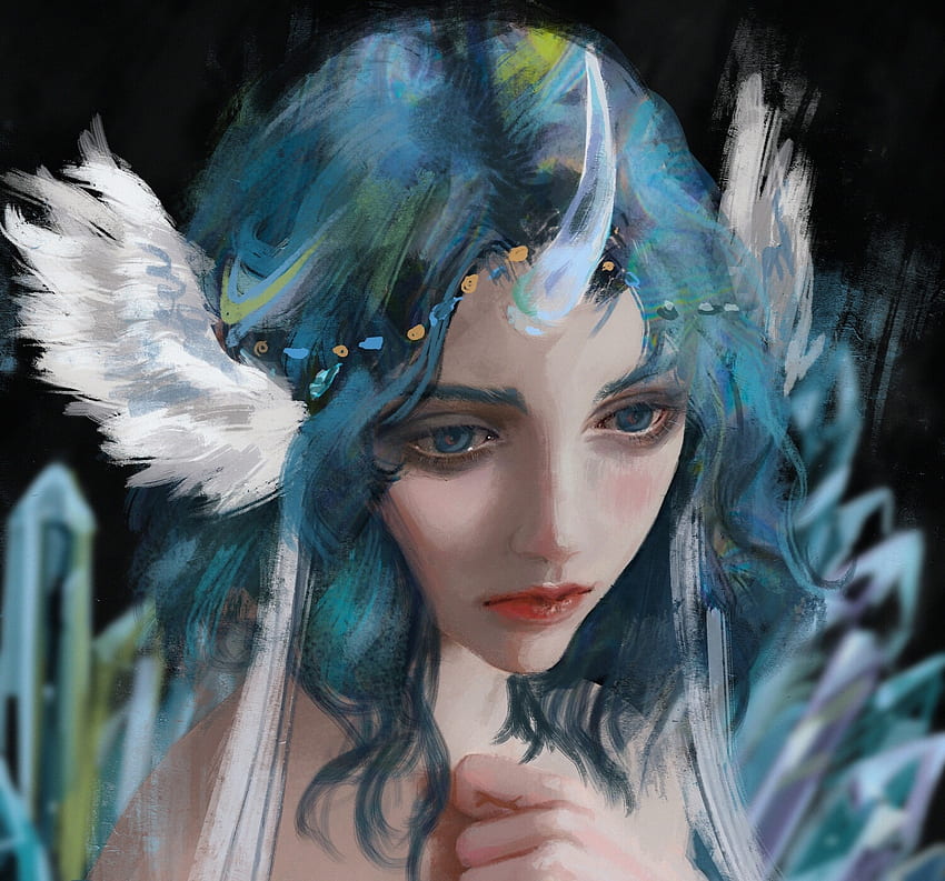 Unicorn girl, blue, wings, evil inspiration, art, unicorn, face, girl HD wallpaper
