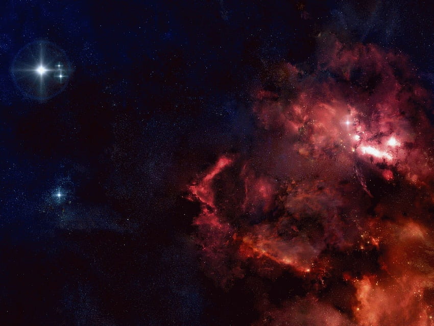 red and dark blue nebula converge in deep space background HD wallpaper