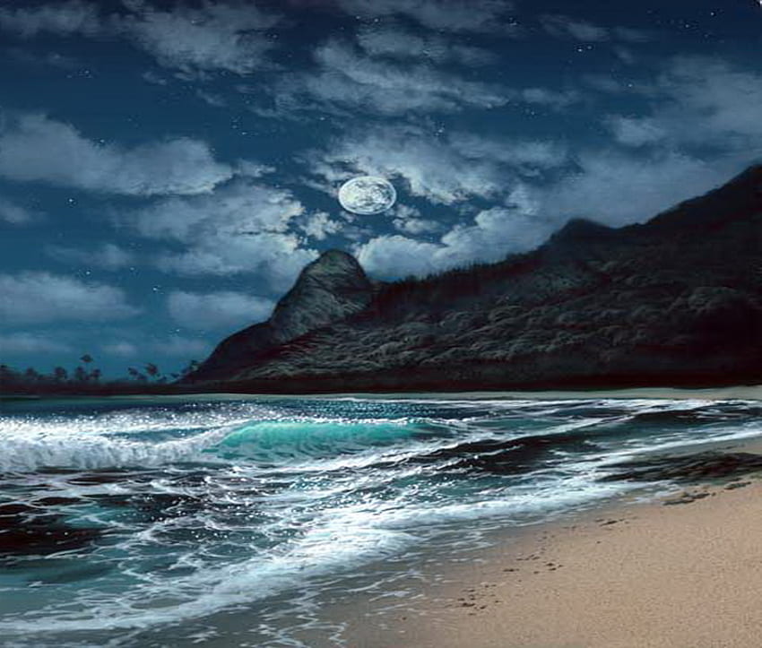 Azul plateado, noche, luna, nubes, océano, playa. fondo de pantalla