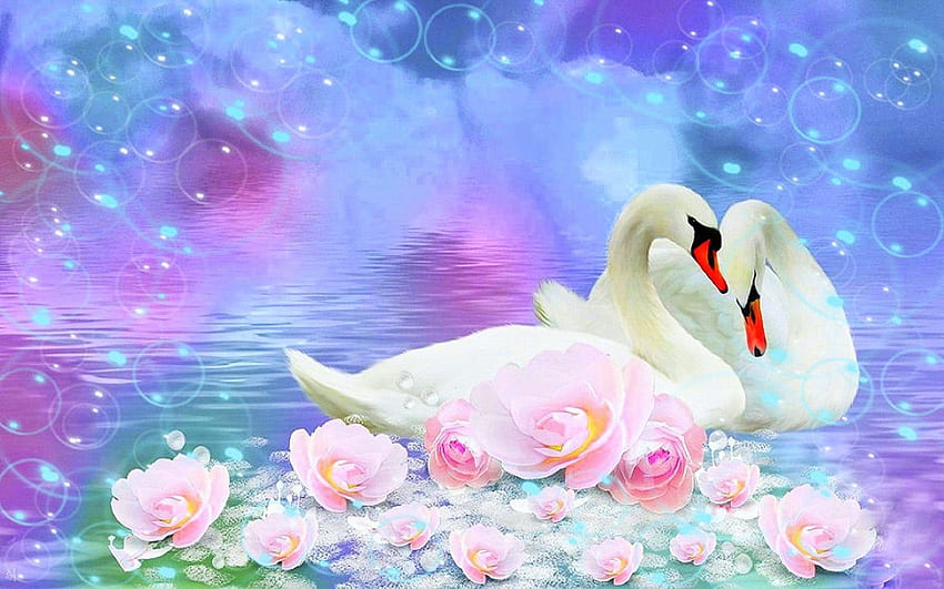 White Swan Lovers, swans, birds, painting, blossoms, pair, flowers, lilies HD wallpaper