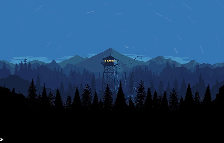Mountains, Night, The game, Forest, View, Birds, Hills, Landscape, Tower, Campo Santo, Firewatch, Fire watch for , section игры, Fire Tower HD wallpaper
