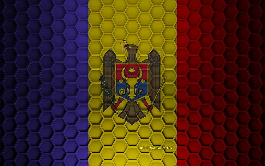 Знаме на Молдова, 3d текстура на шестоъгълници, Молдова, 3d текстура, 3d флаг на Молдова, метална текстура, флаг на Молдова HD тапет