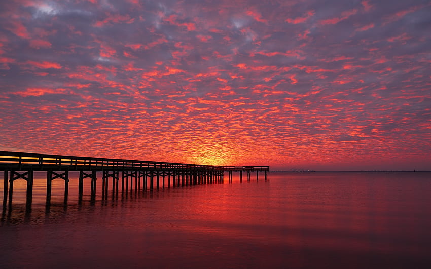 Ocean Sunrise, America, red, clouds, pier, sunrise, ocean HD wallpaper