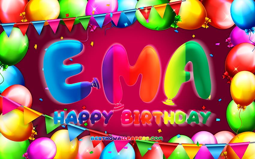 Happy Birtay Ema, kolorowa ramka balonowa, imię Ema, fioletowe tło, Ema Happy Birtay, Ema Birtay, popularne niemieckie imiona żeńskie, koncepcja Birtay, Ema Tapeta HD