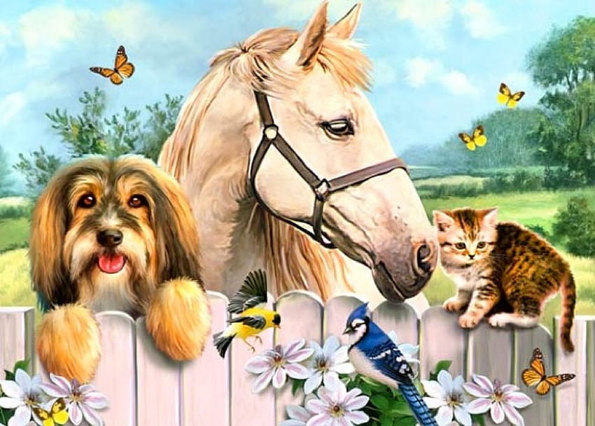 Hy Howard Robinson, Hund, Kätzchen, Tier, Pferd, Kunst, Howard Robinson, Katze, Welpe, Malerei, Schmetterling, Blume, Zaun HD-Hintergrundbild