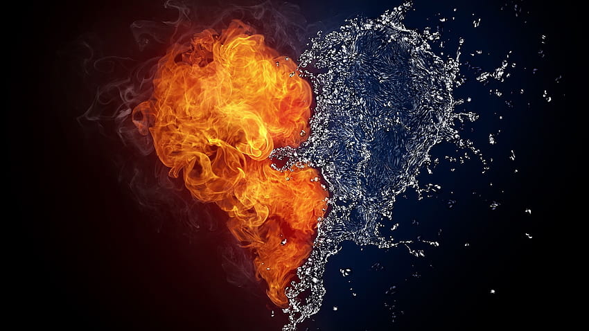 Résolution d'art de coeur d'eau de feu, fond, et, eau contre feu Fond d'écran HD