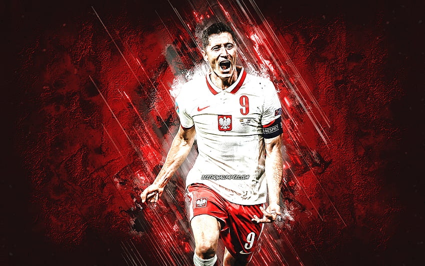 Robert Lewandowski, nazionale di calcio della Polonia, calciatore polacco, ritratto, arte di Lewandowski, pietra rossa, calcio Sfondo HD