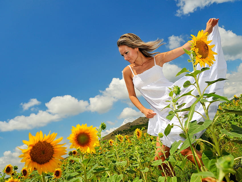 My Anna in the field of happy flowers, blue, gladness, sunny day, lady, sunflowers, happiness, anna, beautiful girl, forever sunshine, white dress, lovely woman, happy flowers, love, green, yellow, clouds, sky, friendship HD wallpaper
