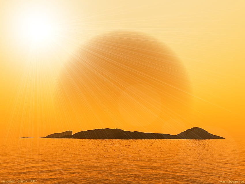 Слънчева светлина, остров, жълто небе, жълто слънце, жълто море, дигитално изкуство HD тапет