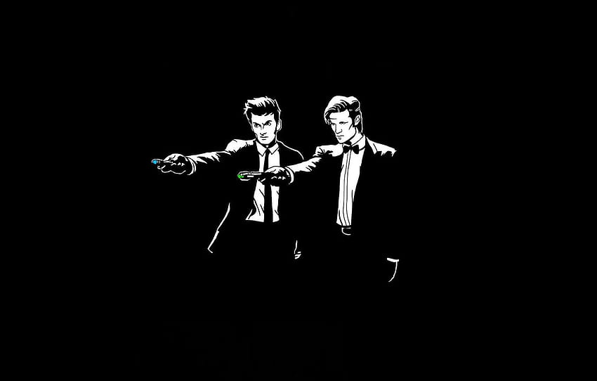 art, costume, parody, black and white, black background, Doctor Who, men, Doctor Who, pulp fiction, pulp fiction, The Eleventh Doctor, sonic screwdriver, Tenth Doctor, Tenth Doctor, Eleventh Doctor for, Pulp Fiction Minimalist HD wallpaper