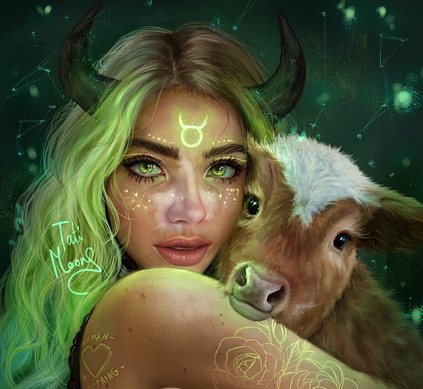 Zodiak ~ Taurus, sapi, taurus, tanduk, seni, gadis, fantasi, zodiak, hijau, bulan tati, wajah, luminos Wallpaper HD
