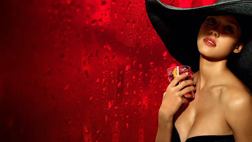 Jessica Alba, negra, menina, atriz, mulher, verão, vermelha, bebida, chapéu papel de parede HD