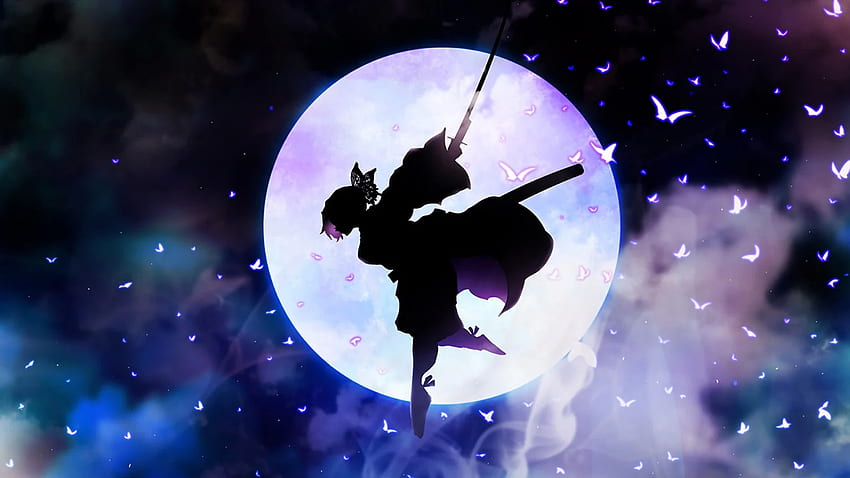 Demon Slayer Shinobu Kochou lecący z mieczem na tle ciemnej nocy księżyca i latających motyli Anime Tapeta HD