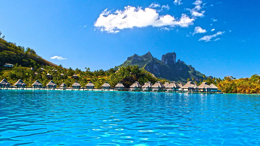 Perfect Blue Lagoon Ocean Water Villas Bungalows On Paradise, Tahiti Beach HD wallpaper