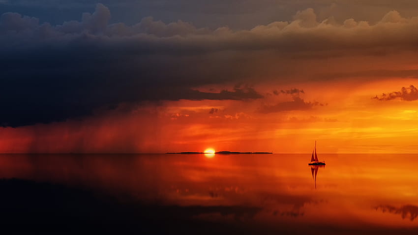 Nature, Sunset, Sea, Clouds, Horizon, Sail, Alone, Lonely HD wallpaper