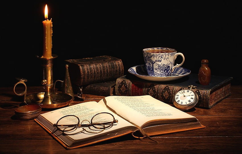 herbata, zegarek, książki, świeca, szklanki, filiżanka, martwa natura Tapeta HD
