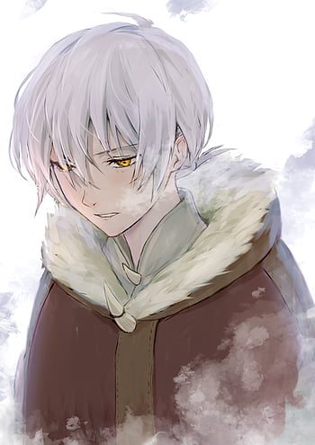 anime guy with white hair and yellow eyes