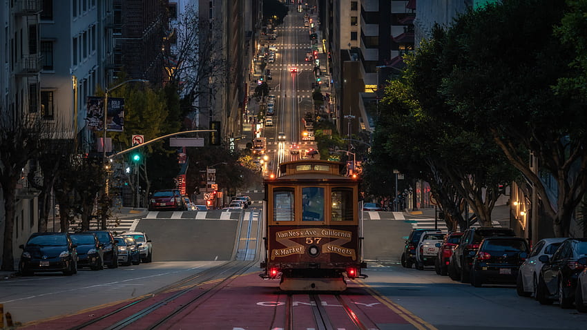 California San Francisco Tram durante il viaggio nel tempo serale Sfondo HD
