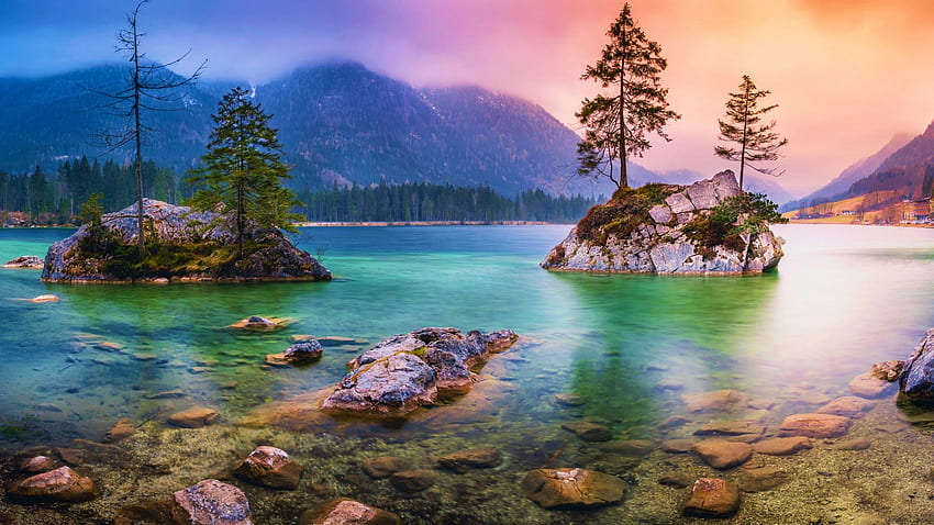 Jezioro Alpejskie, Austria, zachód słońca, wyspa, kraj, drzewa, skały, góry, Alpy Tapeta HD