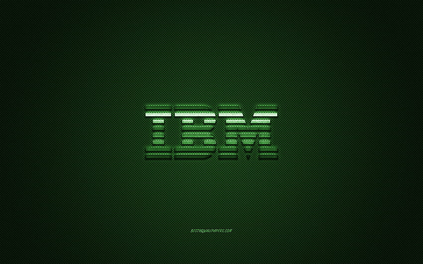 IBM ロゴ、グリーン カーボン テクスチャ、IBM エンブレム、IBM グリーン ロゴ、IBM、緑の背景 高画質の壁紙