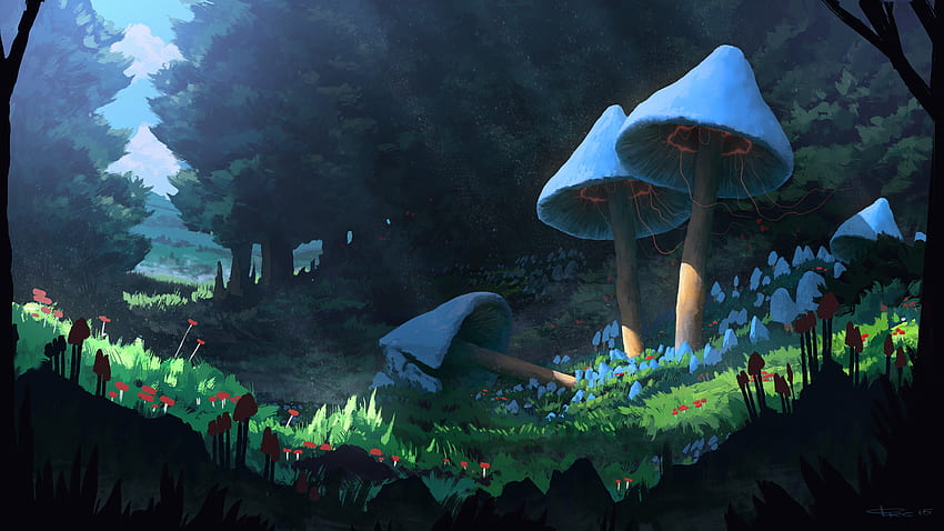 Magic mushroom forest by OrjanSvendsen. Illustration. 2D HD wallpaper
