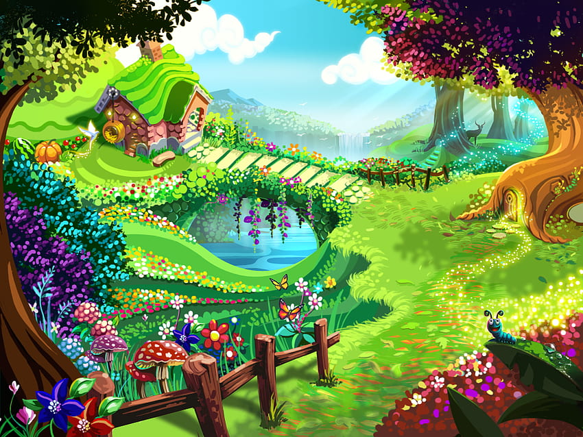 Приказна градина. Анимационна градина, фон на приказна градина, рисунка на замък на Дисни, градински феи HD тапет