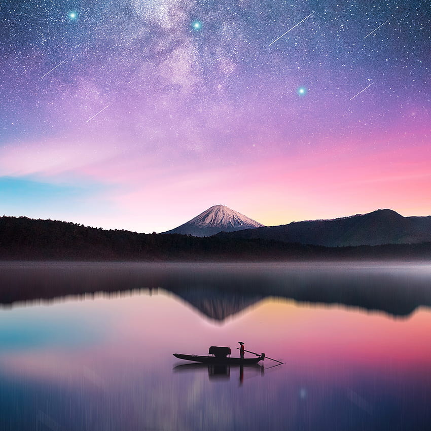 天の川、富士山、反射、夕日、湖 HD電話の壁紙