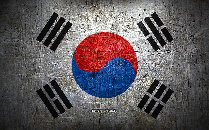 South Korean metal flag, grunge art, asian countries, Day of South Korea, national symbols, South Korea flag, metal flags, Flag of South Korea, Asia, South Korean flag, South Korea HD wallpaper