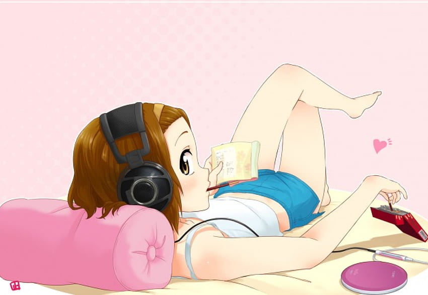 Ritsu Tainaka, lanche, fones de ouvido, ritsu, anime, travesseiro, k-on papel de parede HD