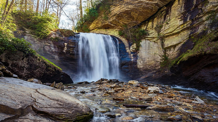 Looking Glass Falls, North Carolina, trees, cascaderiver, rocks, stones, usa HD wallpaper