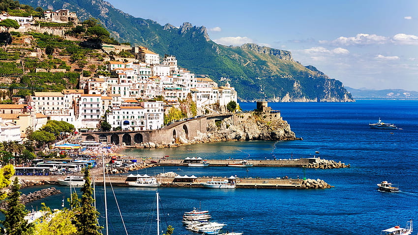 Amalfi Italy Crag Pier Coast City Houses Houses Wallpaper HD