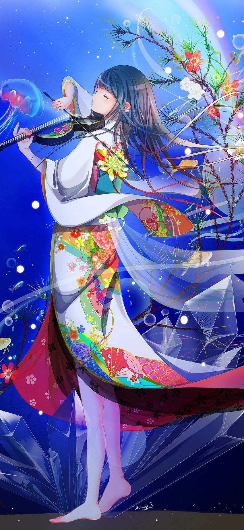 Chica Anime, Violín, Atuendo Japonés, Kimono fondo de pantalla del teléfono