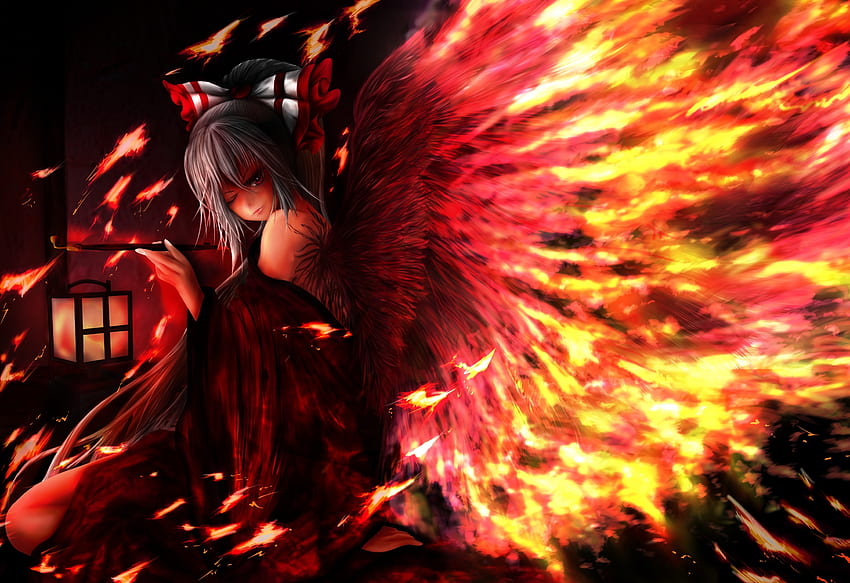 Touhou fantasy arte vettoriale angeli fuoco ali ragazza gotico horror scuro. Sfondo HD