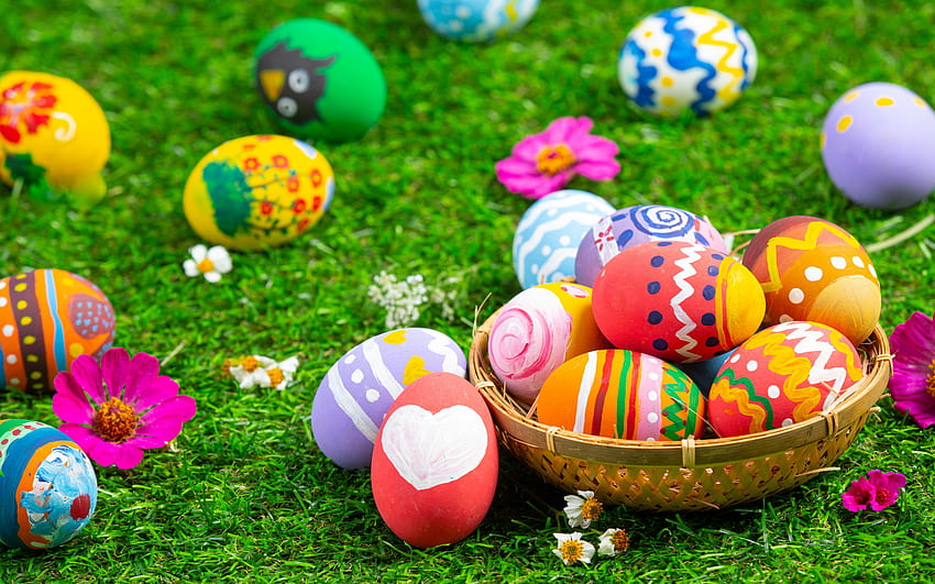 Selamat Paskah!, telur, rumput, paskah, hijau, warna-warni Wallpaper HD