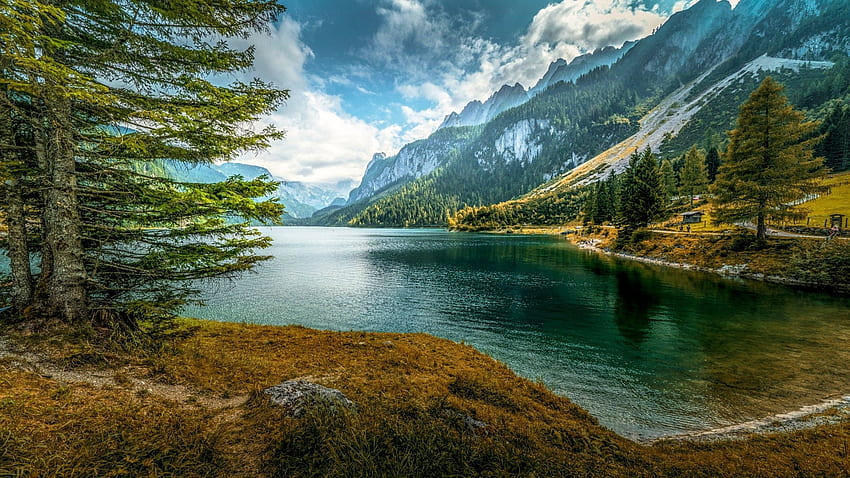Gunung Danau, pohon, awan, langit, pegunungan, air Wallpaper HD