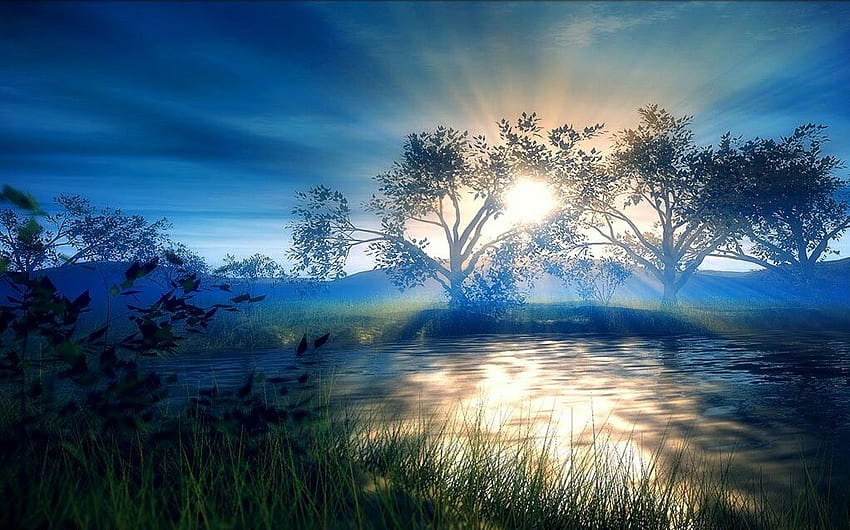 Streaming sunlight, blue, river, golden, beautiful, grass, sunrise, treees, sunrays, water, reflectionn, silhouette HD wallpaper