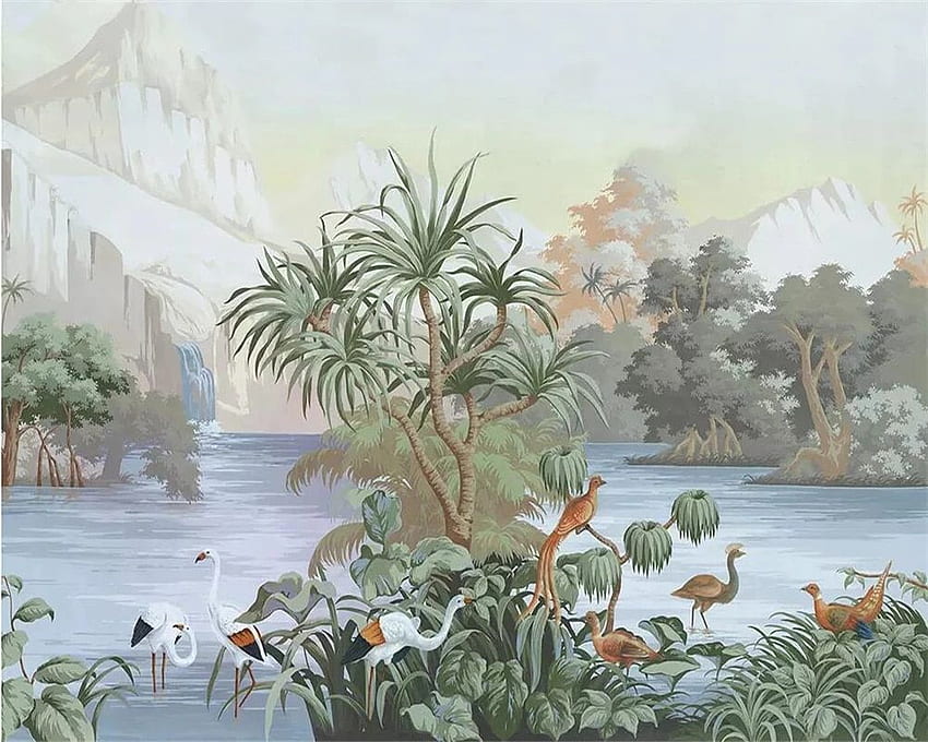 beibehang Personnalisé peint à la main jungle médiévale fleurs et oiseaux TV fond mur salon chambre 3D. Fond d'écran HD