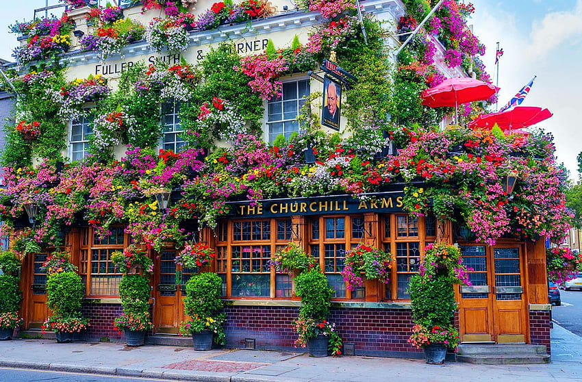 London Pub, summer, restaurant, umbrellas, flowers HD wallpaper
