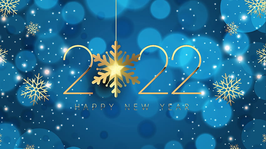 2022 Честита Нова Година Златни снежинки Блестящ син боке фон 2022 HD тапет